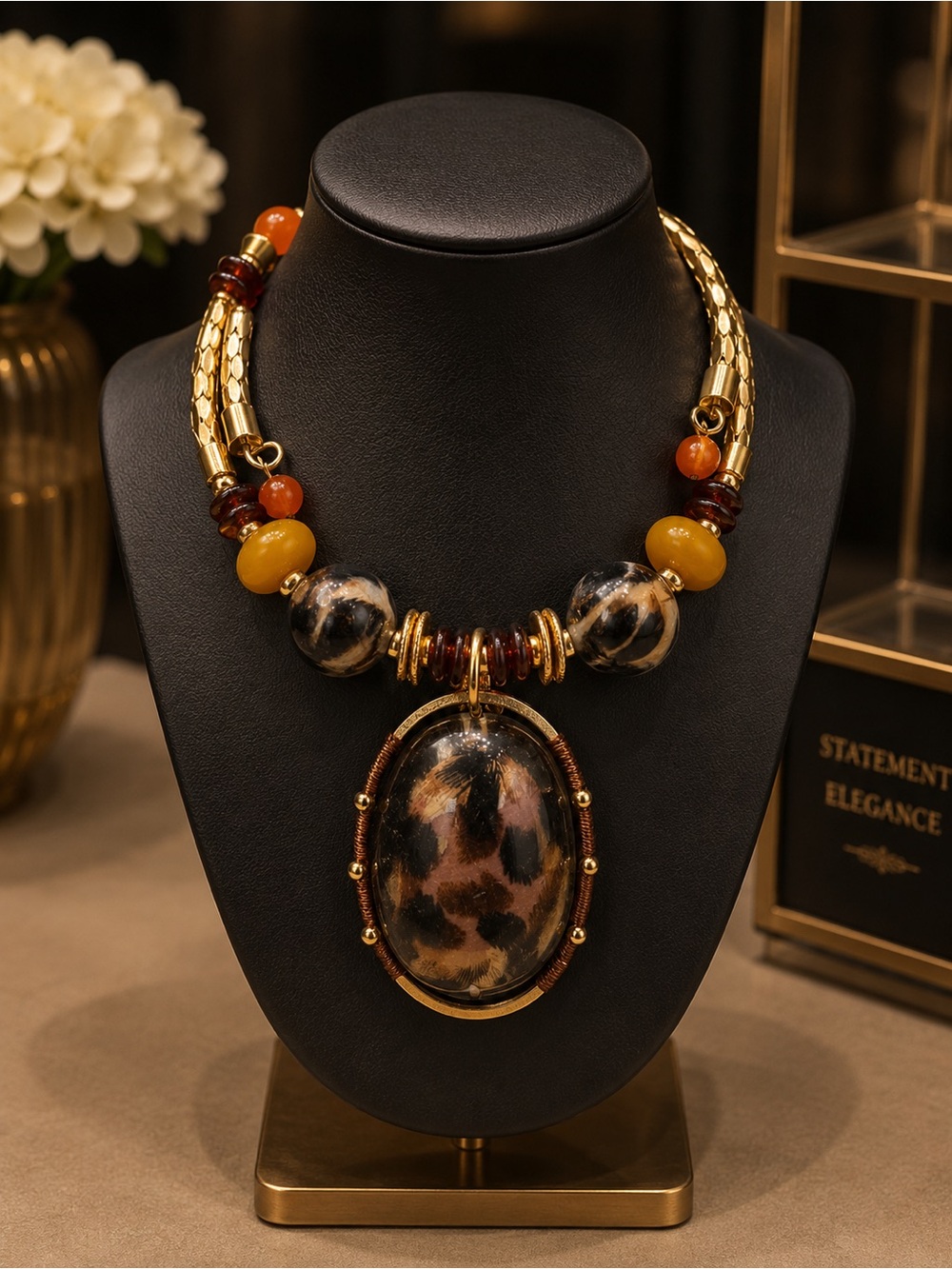 Bold Leopard-Accent Statement Necklace in Gold and Brown